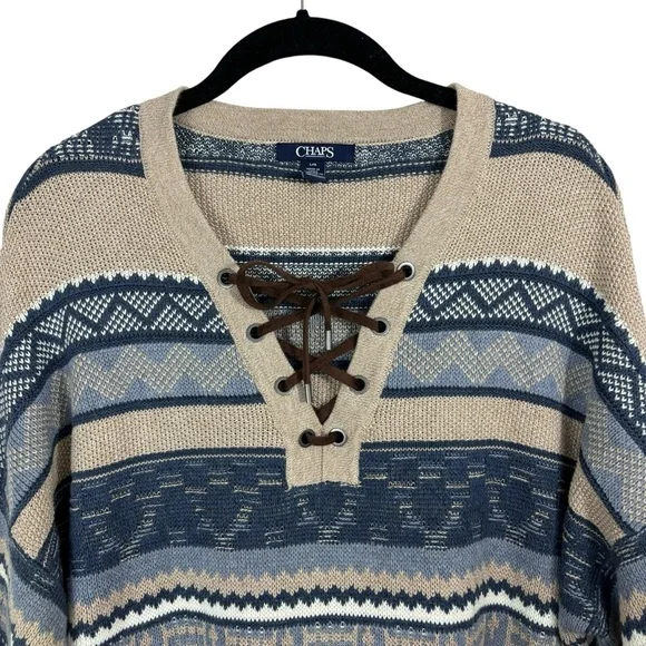 Chaps Western Sweater Blue Tan Pullover Striped Neckline Crisscross Tie Size L - Picture 5 of 8